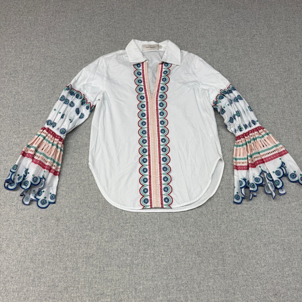 Silvia Tcherassi Embroidered Bell Sleeve Blouse Size S White Boho Eyelet Top